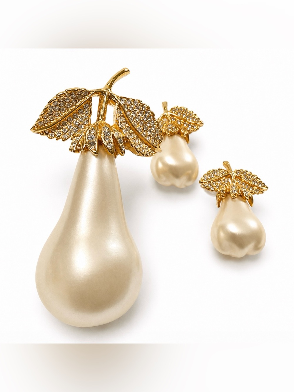 Kenneth Jay Lane KJL Large Pearl Pear Crystals Leaf Gold Clip Earrings & Brooch - Picture 9 of 11